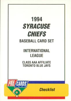 1994 Fleer ProCards #989 Syracuse Chiefs Checklist Front