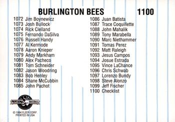1994 Fleer ProCards #1100 Burlington Bees Checklist Back