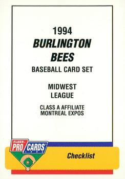 1994 Fleer ProCards #1100 Burlington Bees Checklist Front