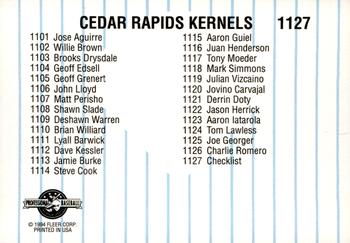 1994 Fleer ProCards #1127 Cedar Rapids Kernels Checklist Back