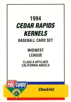 1994 Fleer ProCards #1127 Cedar Rapids Kernels Checklist Front