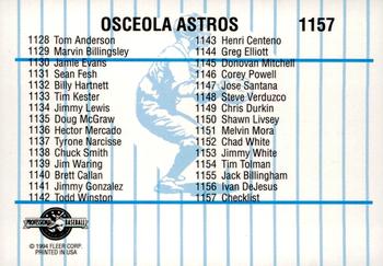 1994 Fleer ProCards #1157 Osceola Astros Checklist Back