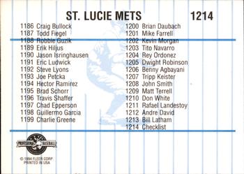 1994 Fleer ProCards #1214 St. Lucie Mets Checklist Back
