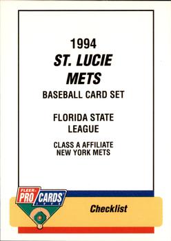 1994 Fleer ProCards #1214 St. Lucie Mets Checklist Front