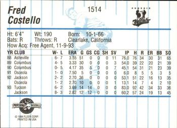 1994 Fleer ProCards #1514 Fred Costello Back