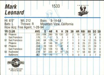 1994 Fleer ProCards #1533 Mark Leonard Back
