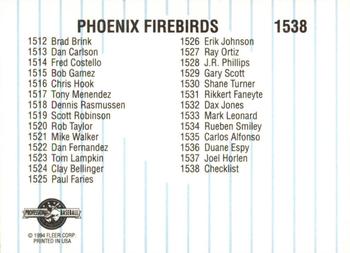 1994 Fleer ProCards #1538 Phoenix Firebirds Checklist Back