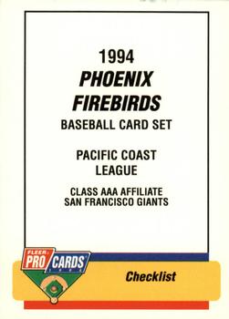 1994 Fleer ProCards #1538 Phoenix Firebirds Checklist Front