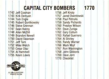 1994 Fleer ProCards #1770 Capital City Bombers Checklist Back