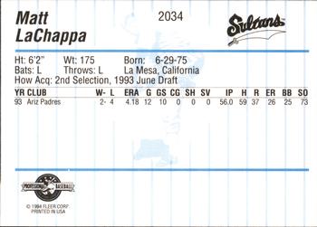 1994 Fleer ProCards #2034 Matt LaChappa Back