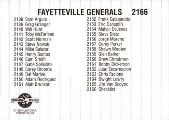 1994 Fleer ProCards #2166 Fayetteville Generals Checklist Back