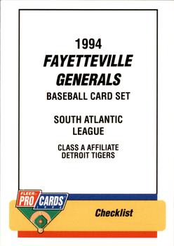 1994 Fleer ProCards #2166 Fayetteville Generals Checklist Front