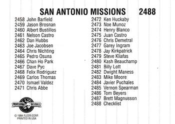 1994 Fleer ProCards #2488 San Antonio Missions Checklist Back