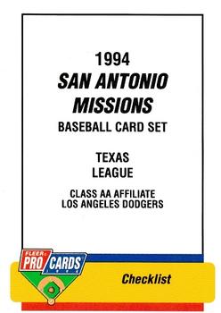1994 Fleer ProCards #2488 San Antonio Missions Checklist Front
