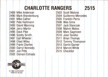 1994 Fleer ProCards #2515 Charlotte Rangers Checklist Back