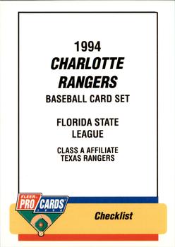 1994 Fleer ProCards #2515 Charlotte Rangers Checklist Front