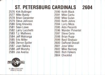 1994 Fleer ProCards #2604 St. Petersburg Cardinals Checklist Back