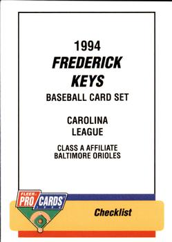 1994 Fleer ProCards #2633 Frederick Keys Checklist Front
