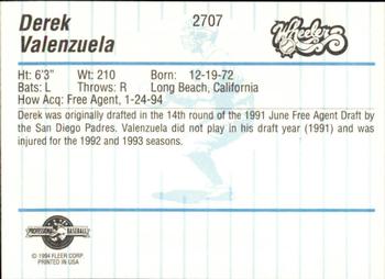 1994 Fleer ProCards #2707 Derek Valenzuela Back