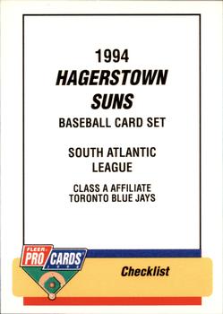 1994 Fleer ProCards #2749 Hagerstown Suns Checklist Front