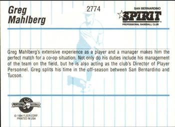 1994 Fleer ProCards #2774 Greg Mahlberg Back
