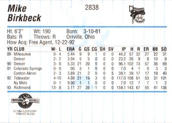 1994 Fleer ProCards #2838 Mike Birkbeck Back