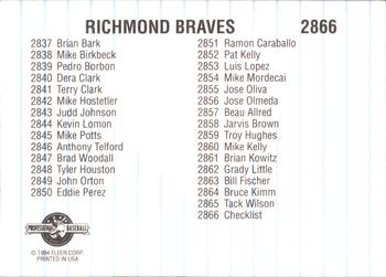1994 Fleer ProCards #2866 Richmond Braves Checklist Back