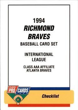 1994 Fleer ProCards #2866 Richmond Braves Checklist Front
