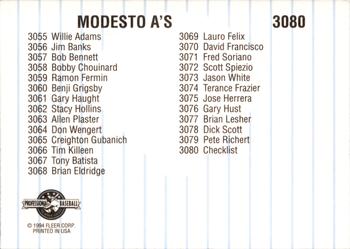 1994 Fleer ProCards #3080 Modesto A's Checklist Back