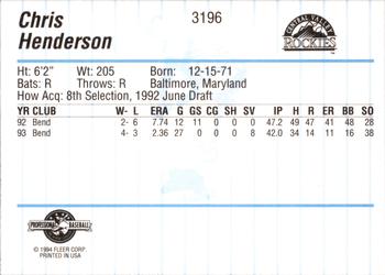 1994 Fleer ProCards #3196 Chris Henderson Back