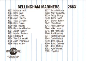 1994 Fleer ProCards #2663 Bellingham Mariners Checklist Back