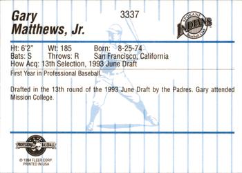 1994 Fleer ProCards #3337 Gary Matthews Jr. Back