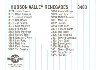 1994 Fleer ProCards #3403 Hudson Valley Renegades Checklist Back
