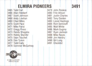 1994 Fleer ProCards #3491 Elmira Pioneers Checklist Back