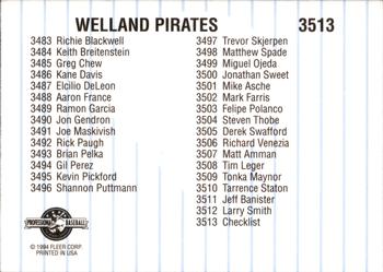 1994 Fleer ProCards #3513 Welland Pirates Checklist Back