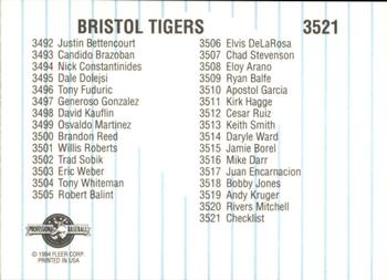 1994 Fleer ProCards #3521 Bristol Tigers Checklist Back