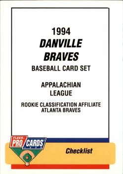 1994 Fleer ProCards #3551 Danville Braves Checklist Front