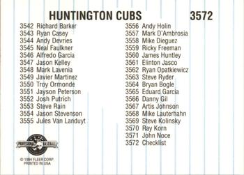 1994 Fleer ProCards #3572 Huntington Cubs Checklist Back