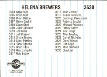 1994 Fleer ProCards #3630 Helena Brewers Checklist Back