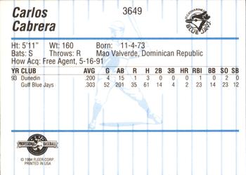 1994 Fleer ProCards #3649 Carlos Cabrera Back
