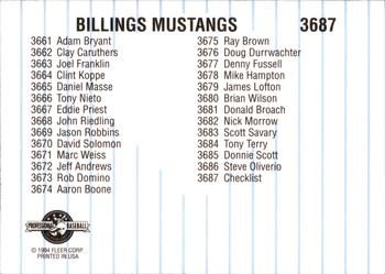 1994 Fleer ProCards #3687 Billings Mustangs Checklist Back