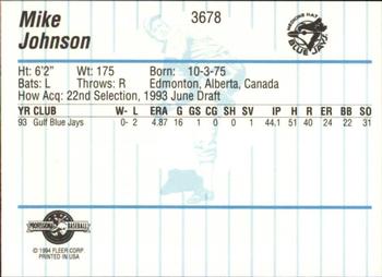1994 Fleer ProCards #3678 Mike Johnson Back