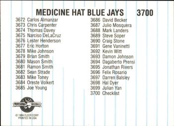 1994 Fleer ProCards #3700 Medicine Hat Blue Jays Checklist Back