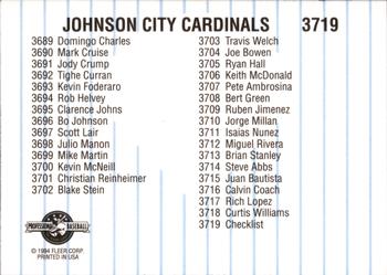 1994 Fleer ProCards #3719 Johnson City Cardinals Checklist Back