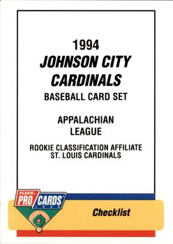 1994 Fleer ProCards #3719 Johnson City Cardinals Checklist Front