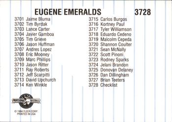 1994 Fleer ProCards #3728 Eugene Emeralds Checklist Back