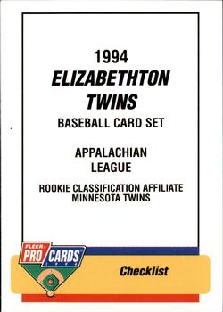 1994 Fleer ProCards #3748 Elizabethton Twins Checklist Front
