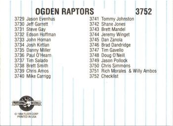1994 Fleer ProCards #3752 Ogden Raptors Checklist Back