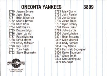 1994 Fleer ProCards #3809 Oneonta Yankees Checklist Back