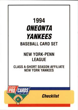 1994 Fleer ProCards #3809 Oneonta Yankees Checklist Front